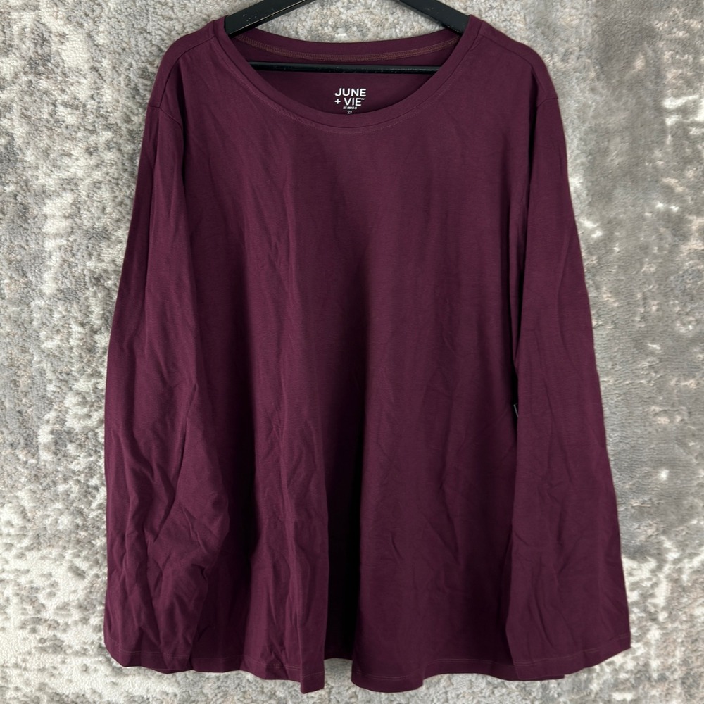 New‎ June + Vie Plus Size 2X Cotton Spandex Tee Long Sleeve Women Maroon T-Shirt
